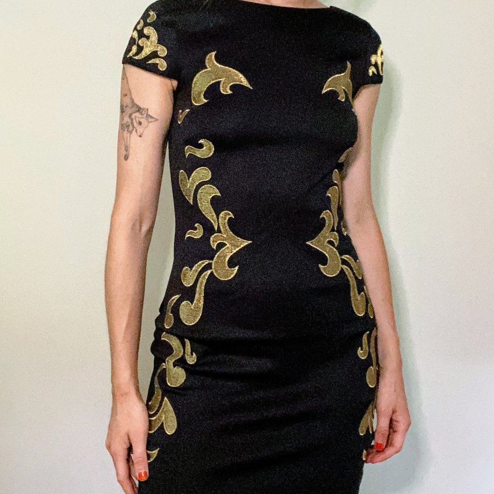 Black Cocktail Dress with Gold Floral - size 0/2